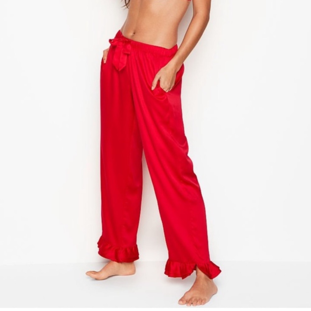 Victoria’s Secret satin Red Ruffle Hem pajama Pants elastic waist ties Sz M
